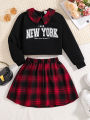 Girls Fashion Casual 2-Piece Set Black Lapel Long-Sleeved Letter Print Shirt Plaid Skirt Spring Autumn New. 