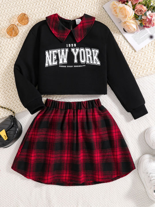 Girls%20Fashion%20Casual%202-Piece%20Set%20Black%20Lapel%20Long-Sleeved%20Letter%20Print%20Shirt%20Plaid%20Skirt%20Spring%20Autumn%20New%20-%20Image%208