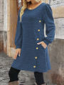 Elegant Plus Size Women's Dress Autumn Winter, Round Neck Long Sleeve Button Pocket Fashion Dress.