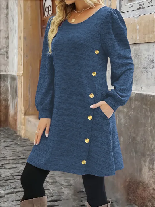 Elegant%20Plus%20Size%20Women's%20Dress%20Autumn%20Winter,%20Round%20Neck%20Long%20Sleeve%20Button%20Pocket%20Fashion%20Dress%20-%20Image%205