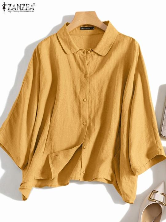 ZANZEA%20Summer%20Fashion%20Lapel%20Neck%20Shirt%20Women%20Elegant%203/4%20Sleeve%20Blouse%20Work%20Buttons%20Down%20Tops%20Tunic%20Female%20Casual%20Loose%20Blusas%20-%20Image%202