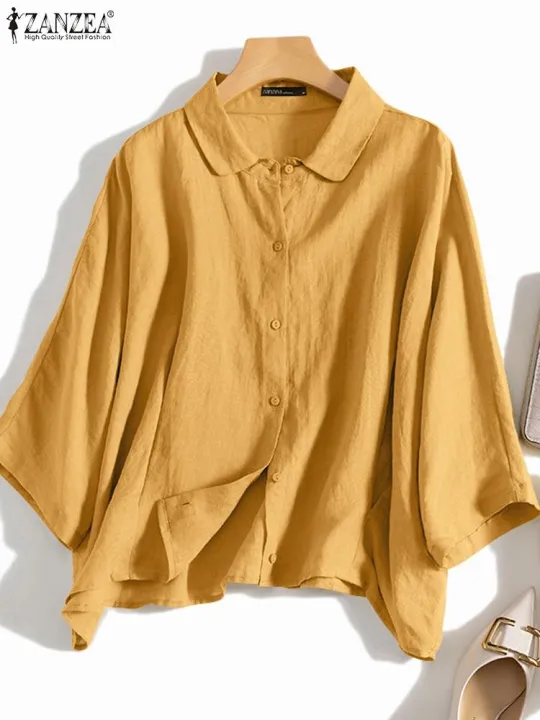 ZANZEA%20Summer%20Fashion%20Lapel%20Neck%20Shirt%20Women%20Elegant%203/4%20Sleeve%20Blouse%20Work%20Buttons%20Down%20Tops%20Tunic%20Female%20Casual%20Loose%20Blusas%20-%20Image%202