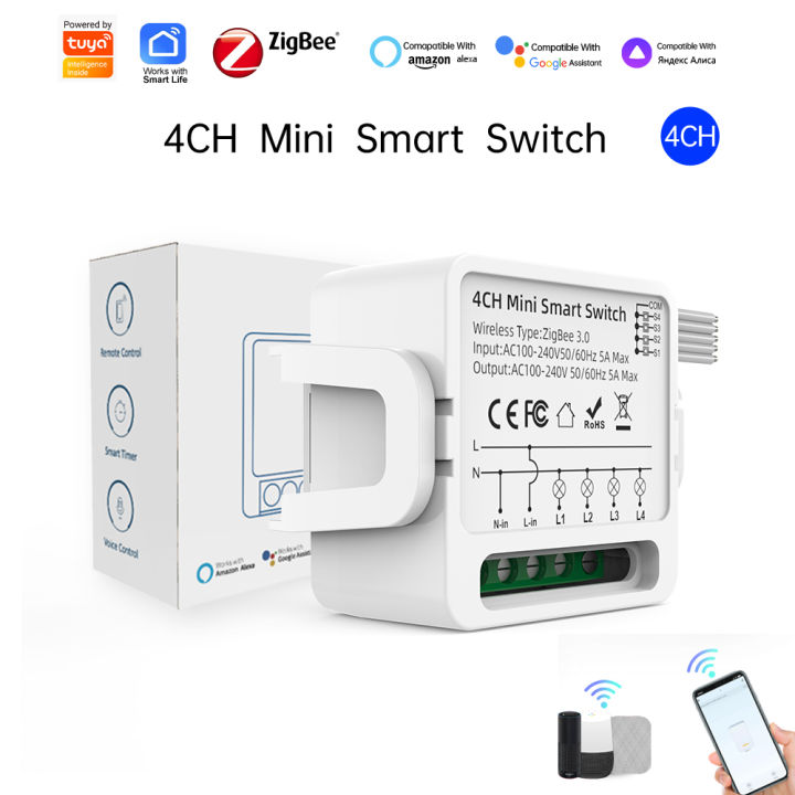 Tuya ZigBee 1CH/4CH Smart Relay Switch Module Smart Home Timer Countdown Works with Alexa  Assistant Fireproof PC