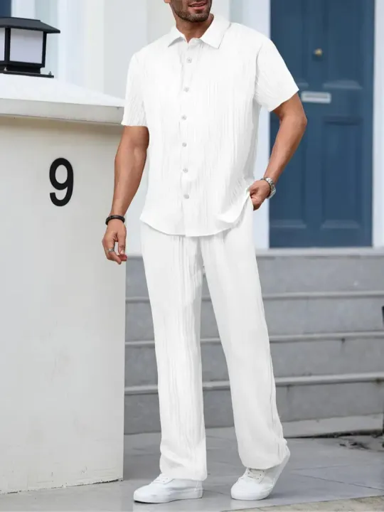 2025%20New%20Men's%20Short-Sleeved%20Cardigan%20Lapel%20Shirt%20Pants%20Home%20Casual%20Jacket%20Suit%20Men's%20Fashion%20Striped%20Style%20-%20Image%203