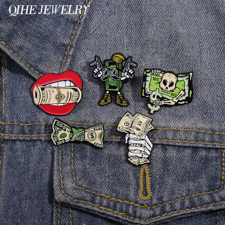 Skeleton Hand In Fist Holding Dollar Bills Enamel Pins Custom Punk Gothic Skull With Dollar Brooch Lapel Badge Halloween Jewelry