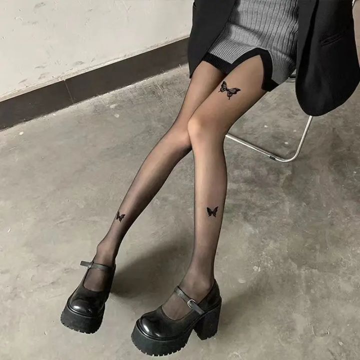 Women%20Ultra-thin%20Tights%20%20Vintage%20Y2K%20Fake%20Tattoo%20Butterfly%20Black%20Transparent%20Silk%20Pantyhose%20Girls%20Lolita%20Summer%20Stockings%20-%20Image%203