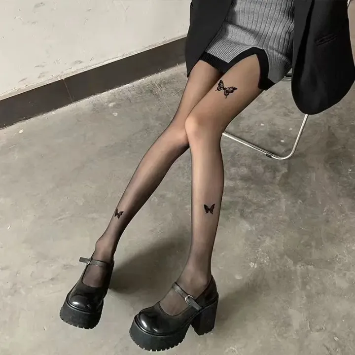 Women%20Ultra-thin%20Tights%20%20Vintage%20Y2K%20Fake%20Tattoo%20Butterfly%20Black%20Transparent%20Silk%20Pantyhose%20Girls%20Lolita%20Summer%20Stockings%20-%20Image%203