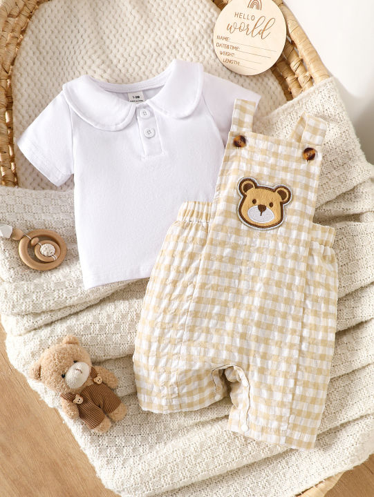 Summer%20newborn%20baby%20boy%20white-collar%20front%20open%20short%20sleeved%20shirt,%20apricot%20checkered%20cartoon%20bear%20embroidery%20pattern%202pieceset%20-%20Image%202