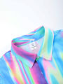 Men's Trendy Iridescent Holographic Set Gradient Tie Dye Short Sleeve Shirt & Drawstring Shorts Vacation 2 Piece Outfit 2.