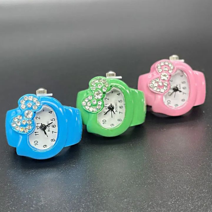 Kawaii Sanrio Hello Kitty Watch Ring Cute Kt Cat Bow Rhinestone Clock Ring Watches Girls Jewelry Kids Toys Gifts