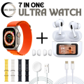 7 in 1 Ultra Smart Watch Combo – Premium Ultra Watch with 4 Stylish Straps + Wireless Charger + A9 LCD Display Earbuds with Accessories – Complete Gift Box Set for Android & iOS. 