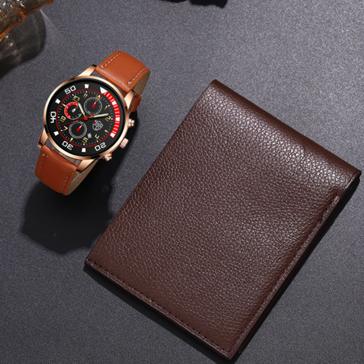 DEYROS Fashion Mens Watches Luxury Leather Quartz Wristwatch Calendar Men Business Casual Watch With Male Brown Wallet