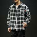 Korean Loose Plaid Long Sleeves Shirt For Men Oversize Checkered Polo Tops Man Office Retro Shirt. 