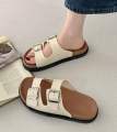 Women’s Slip-On Sandals – Double Buckle, Cushioned Sole, Casual Summer Footwear (Black, White, Brown). 