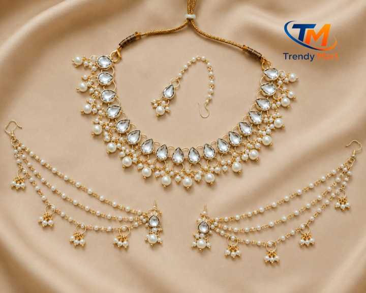 Premium Pearl & Kundan Bridal Necklace Set for Women – Gold Plated | Wedding Jewelry Set