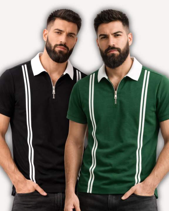 BURNOUT.PK NEW TRENDY SUMMER COLLECTION PACK OF 2 OLD MONEY STRIPES ZIPPER POLOS FOR MENS AND BOYS