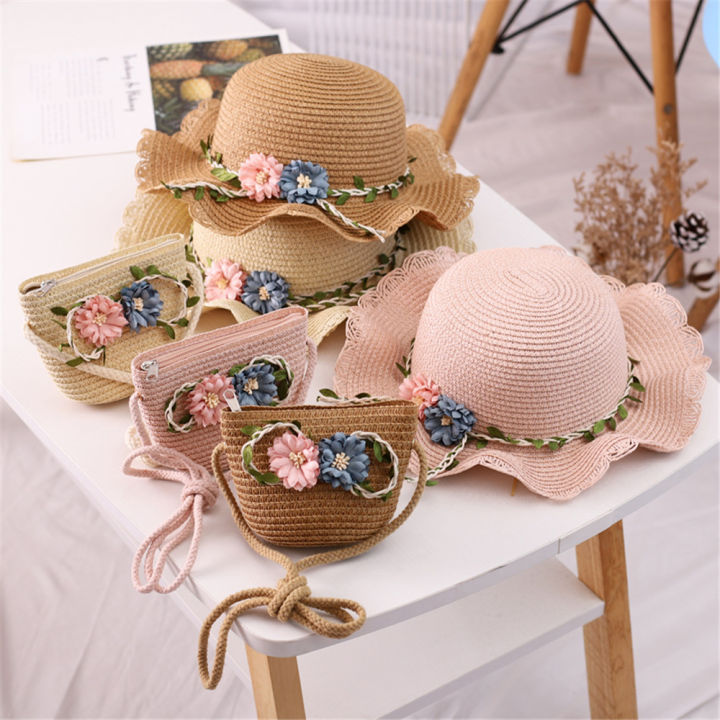 New Summer Kids Flower Caps Bag Girl Sandy Beach Hat Baby Coin Cute Weave Straw Purse Children's Messenger Backpack