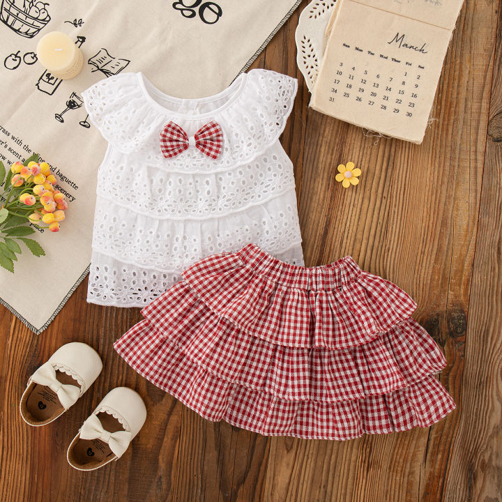2pc/Set%20Girls'%20Suit%20Summer%20Bow%20And%20Plaid%20Lace%20Trim%20Short%20Sleeve%20Casual%20Toddler%20Girl%20Clothes%20Cute%20Simple%20Children%20Clothes%20-%20Image%202