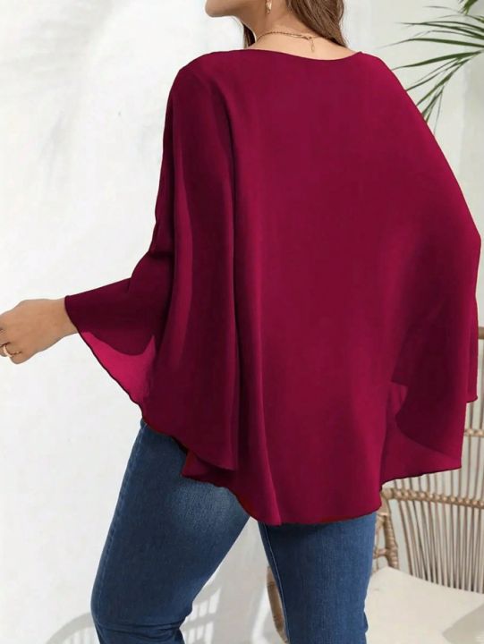 Plus%20Size%20Women%E2%80%99s%20Solid%20Layered%20Mesh%20Batwing%20Sleeve%20Round%20Neck%20Shirt%20Top%20Women%20Fashion%20and%20Comfort%20Cloak%20Top%20Clothing%20-%20Image%202