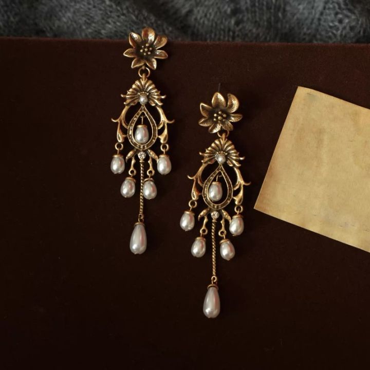 French Retro Light Luxury Needle Flower Imitation Pearl Style Water Droplet Tassel Earring Medieval Vintage Court Style Earrings