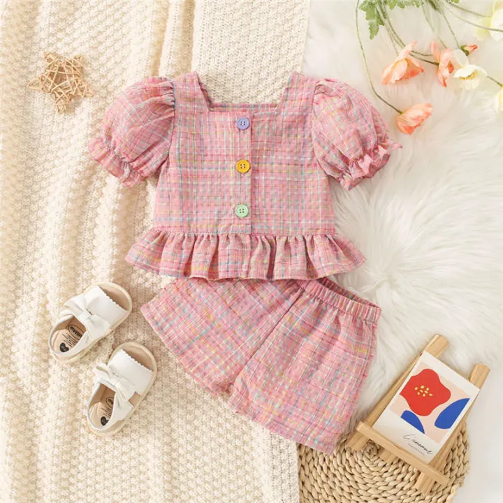 2pc/Set%20Girls'%20Outfit%20Set%20Summer%20Checkered%20Cotton%20Top%20And%20Shorts%20Baby%20Girl%20Clothes%20Cute%20Beach%20Baby%20Set%20-%20Image%207