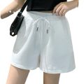 Summer Women Casual Shorts High Waist Loose Fit Drawstring Waist Solid Color Hot Pants.