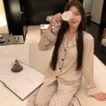French High Sense of Sleepwear Women Spring and Fall New Simple Polka Dot Long-Sleeved Long Pants Ice Silk Homewear Fashion Suit. 