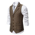 Men's Retro Lapel Chain Vest Fashion Herringbone Coarse Tweed Pockets Suit Vest British Casual Vintage Gentleman Leisure Party.
