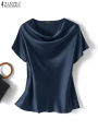 ZANZEA Summer Fashion Satin Blouse Women Short Sleeve Solid Shirt Female Casual OL Work Tunic Tops Elegant Loose Blsuas Oversize. 
