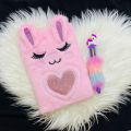 diary with pen for girl's  fluffy new rabbit style diary with multicoloured unicorn pen plush soft cover diary notebook A5 size cute stationary for girls gifts. 