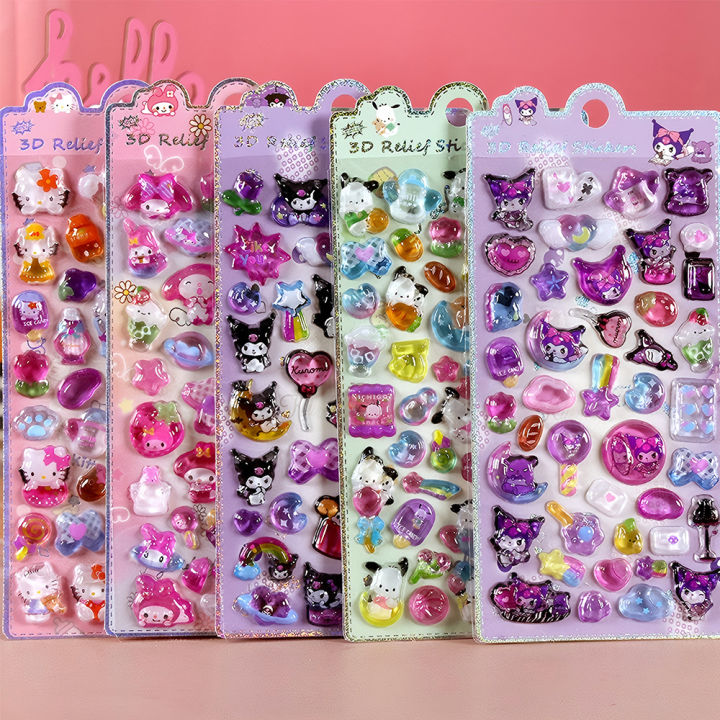 2026 Cute Sanrio Kuromi My Melody 3D Relief Stickers Kawaii Girls Cartoon Crystal Sticker Handmade Diy Hand Account Decals Gifts