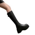 2024 Women's Shoes Basic Women's Boots Classics Knee-High Boots Women Belt Buckle Side Zip Round Toe Wedge Platform Shoes Ladies. 