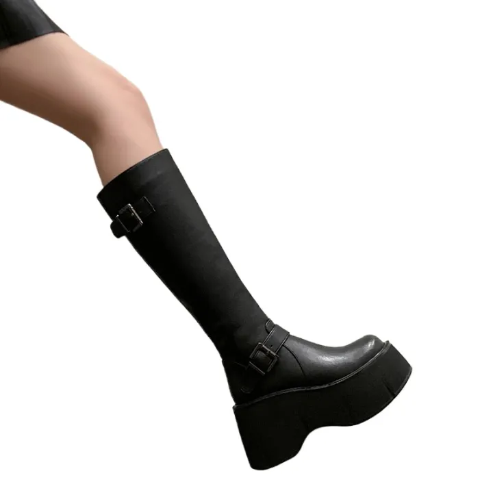 2024%20Women's%20Shoes%20Basic%20Women's%20Boots%20Classics%20Knee-High%20Boots%20Women%20Belt%20Buckle%20Side%20Zip%20Round%20Toe%20Wedge%20Platform%20Shoes%20Ladies%20-%20Image%202
