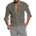 Cotton Linen Hot Sale Men's Long-Sleeved Shirts Summer Solid Color  Stand-Up Collar Casual Beach Style Plus Size. 