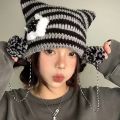 Y2K Beanie Hat Women Ins Devil Ear Striped Knitted Wool Cap Autumn Winter Hip-hop Crochet Cute Cat Ears Pointed Pullover Hats. 
