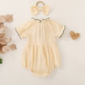 Summer female infant apricot sun print short-sleeved triangle Romper and bow headgear two-piece set. 