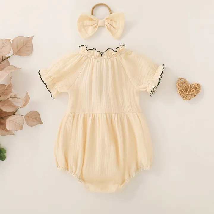 Summer%20female%20infant%20apricot%20sun%20print%20short-sleeved%20triangle%20Romper%20and%20bow%20headgear%20two-piece%20set%20-%20Image%202