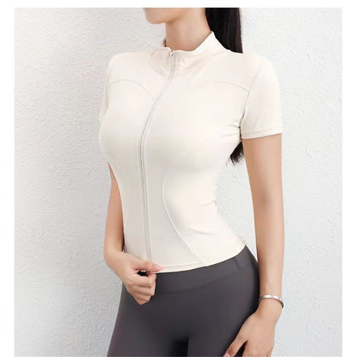 Women%20Summer%20Slim%20Yoga%20Tops%20Stand%20Collar%20Full%20Zipper%20Short%20Sleeves%20Shirts%20Solid%20Workout%20Clothes%20Gym%20Running%20Coats%20Lady%20Casual%20-%20Image%203