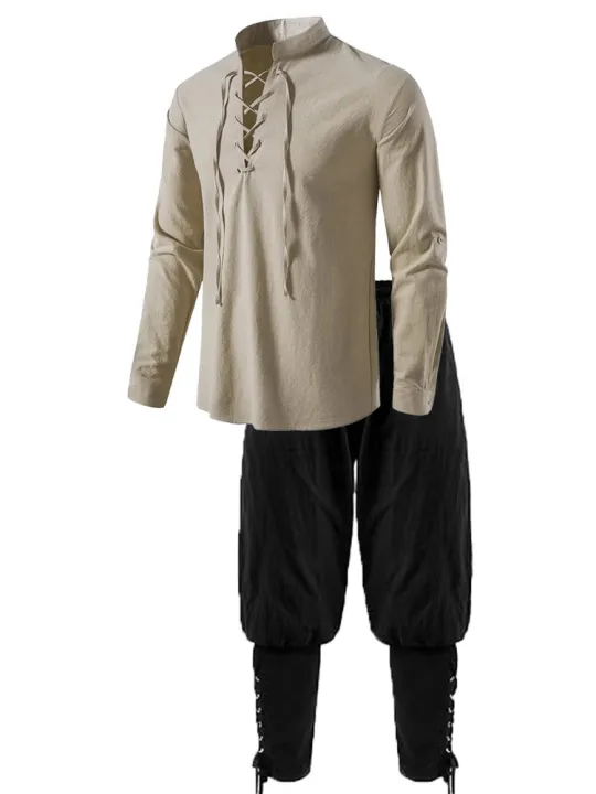 2Pcs%20Men's%20Medieval%20Knight%20Costume%20Set%20Renaissance%20Cosplay%20Pirate%20Shirts%20Ankle%20Banded%20Pants%20For%20Halloween%20Cotton%20Linen%20Fabric%20-%20Image%203