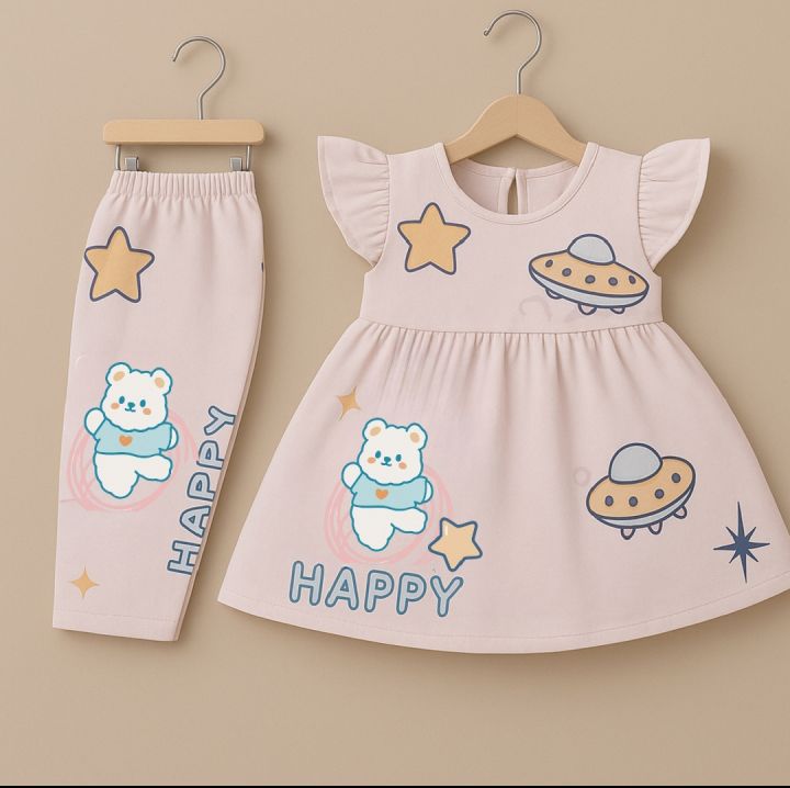 Baby Girl Dresses Cotton Frock And Pajama Trouser For Baby Girls Summer Collection Round Neck Tee Top's Clothes Set Dresses Outfit Suit For Baby Girls Jannat Store