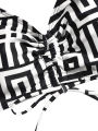 Women's Beach Summer Geometric Print Three-Piece Swimsuit Set with Long Sleeve Beach Cover-Up, Polyester Knit Fabric with Elasta.