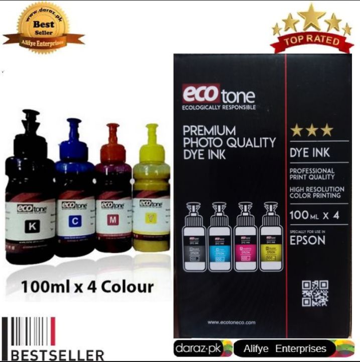 Pack of 4 Eco Tone Refilling ink Black (K), Blue (C), Red (M), Yellow (Y) Colour 100ml Botels for all inkjet printers cartridges