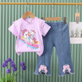 2024 New Children's Set Girls' Summer Cartoon Printed Short Sleeve+Cowboy Pants Infant Fashion Set 0-4 Years Old. 