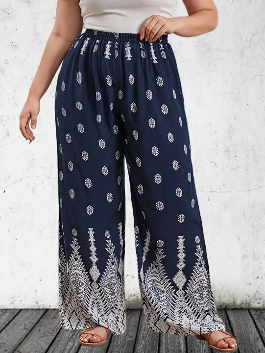 Women's 1XL-5XL Plus Size  Casual Printed Wide Leg Pants Ladies Fashion Loose Fit High Waisted Elastic Long Pants