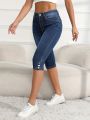 Women Slim-Fit Capri Denim Jeans Button Pockets Zipper Casual Style Denim Pants Fashionable Deep Blue Denim Calf-Length Pants. 