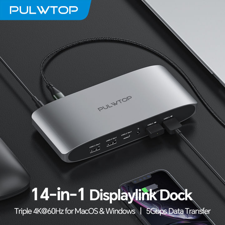 PULWTOP 14 IN 1 USB C Displaylink Docking Station with 2 HDMI4K@60Hz, 2 Display Port, PD, USB C Data, 4 USBA, Ethernet, Audio