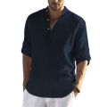 Men's casual loose shirt men's fashion stand collar pure cotton long-sleeved pure color shirt large men's wear. 