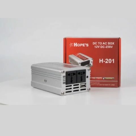 Hope's H-201 DC to AC Box Inverter | 12V to 220V - 230V AC Car Power Converter | Portable Laptop Inverter with AC 3-Pin Outlet & USB Charging Port | High-Grade Heat Dissipating Alloy Chassis