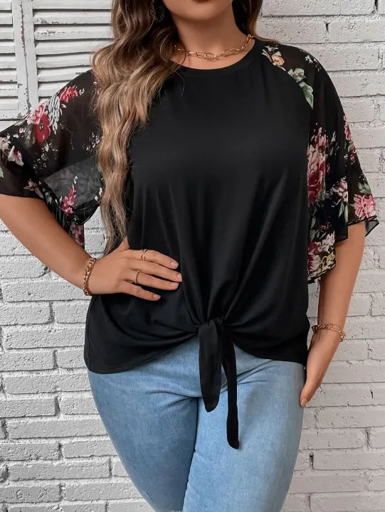 Women's%20Plus%20Size%20Floral%20Print%20Blouse,%20Casual%20Sheer%20Mesh%20Flare%20Sleeve%20Knot%20Front%20T-Shirt,%20Round%20Neck%20Loose%20Summer%20Top%20For%20Ladies%20-%20Image%205