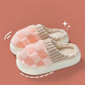 Fashion Couple Winter Slides Warm Plaid Fluffy Slippers Soft Sole Flip Flops For Women And Men Home Indoor Non-slip Cotton Shoes.